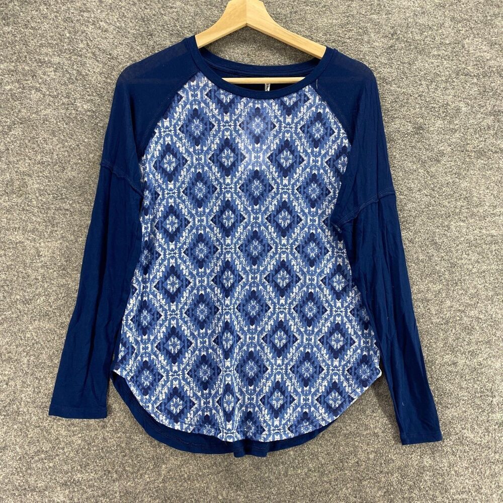 New Tresics T-Shirt Women M Medium Blue Geometric Round Neck Long Sleeve Rayon